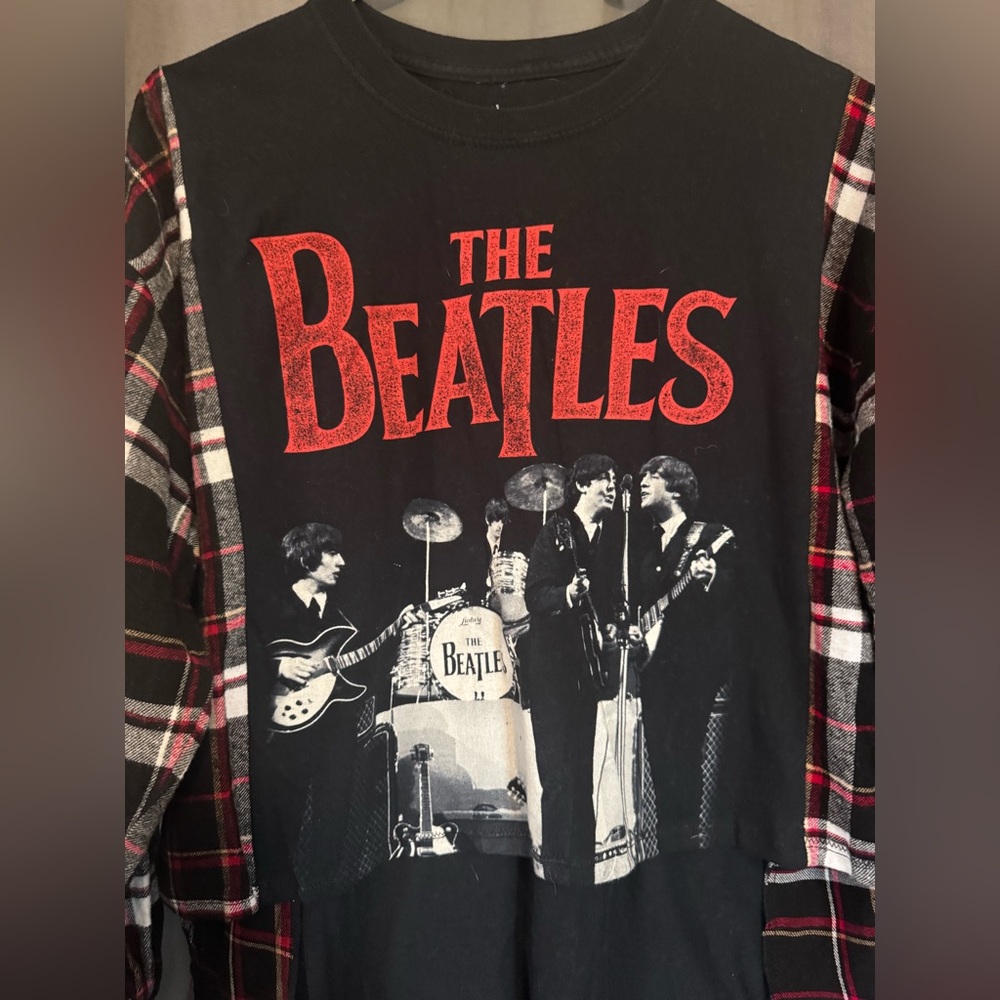 The Beatles Plaid Long Sleeve Shirt Upcycled Refashioned T-shirt & Flannel - Picture 2 of 7